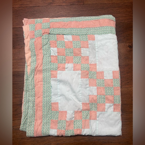 Handmade Peach & Mint Patchwork Quilt Throw – Cottagecore Farmhouse Blanket